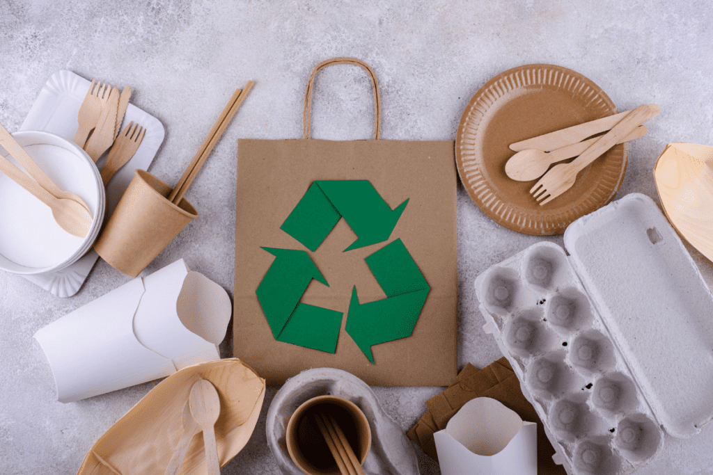 Recyclable kraft paper bags, illustrating recycling and reuse options